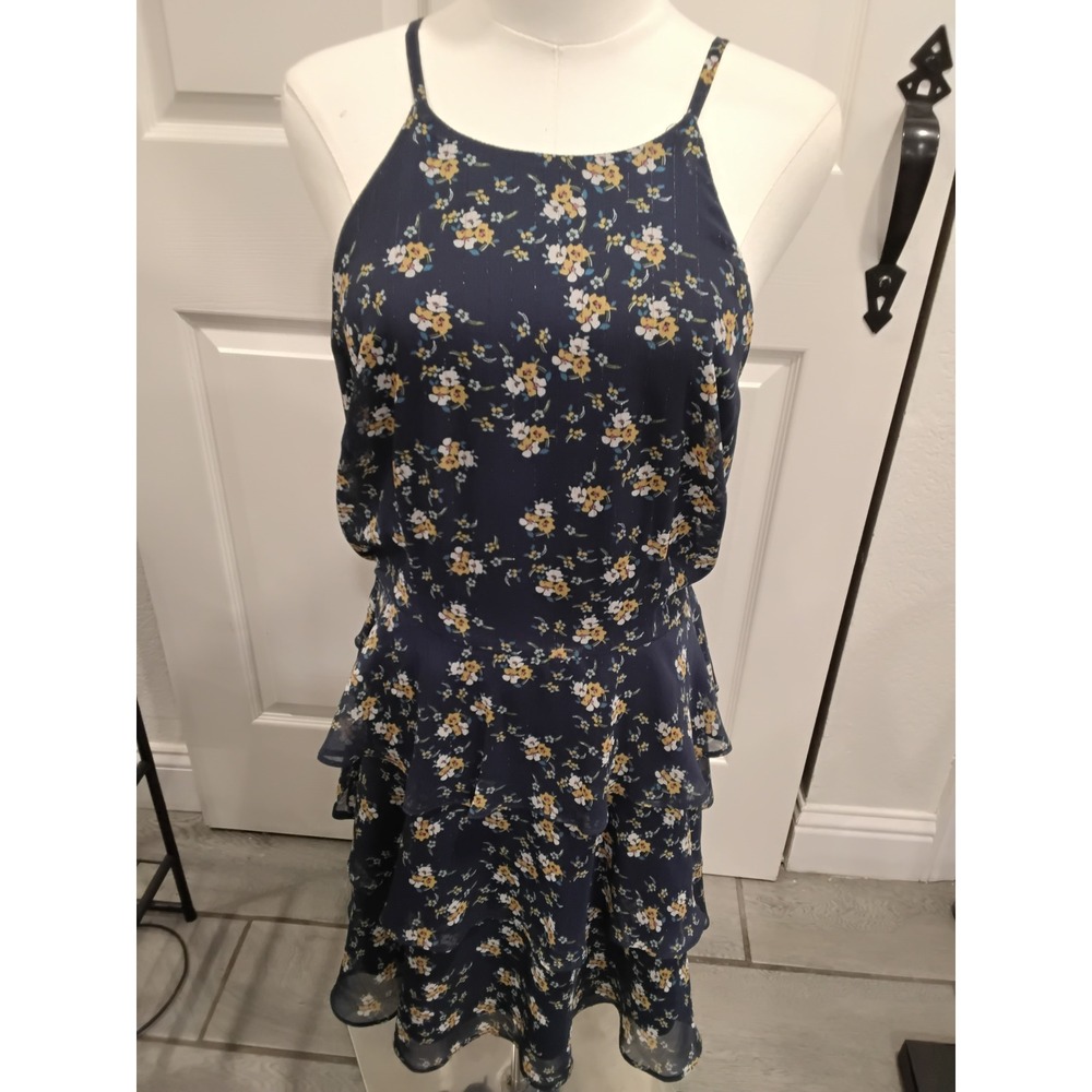 BCX Dress Womens Large Navy Blue Floral Ruffle‎ Tiered Halter Mini Dress 1152143